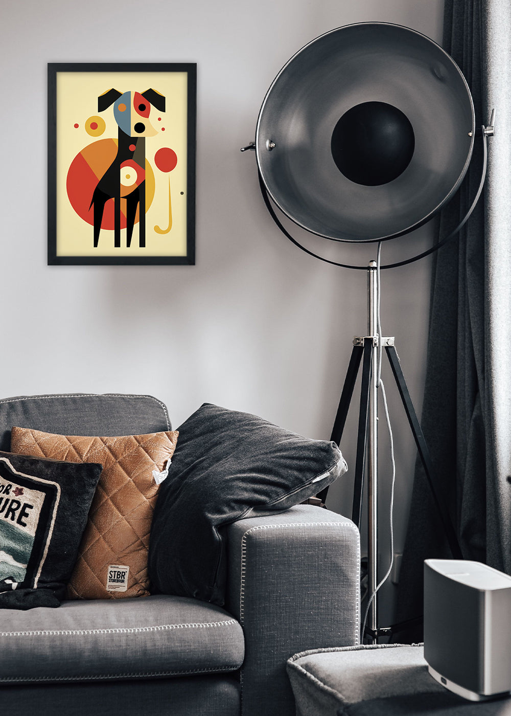 Quadro Decorativo Cachorro de formas abstratas - Com vidro