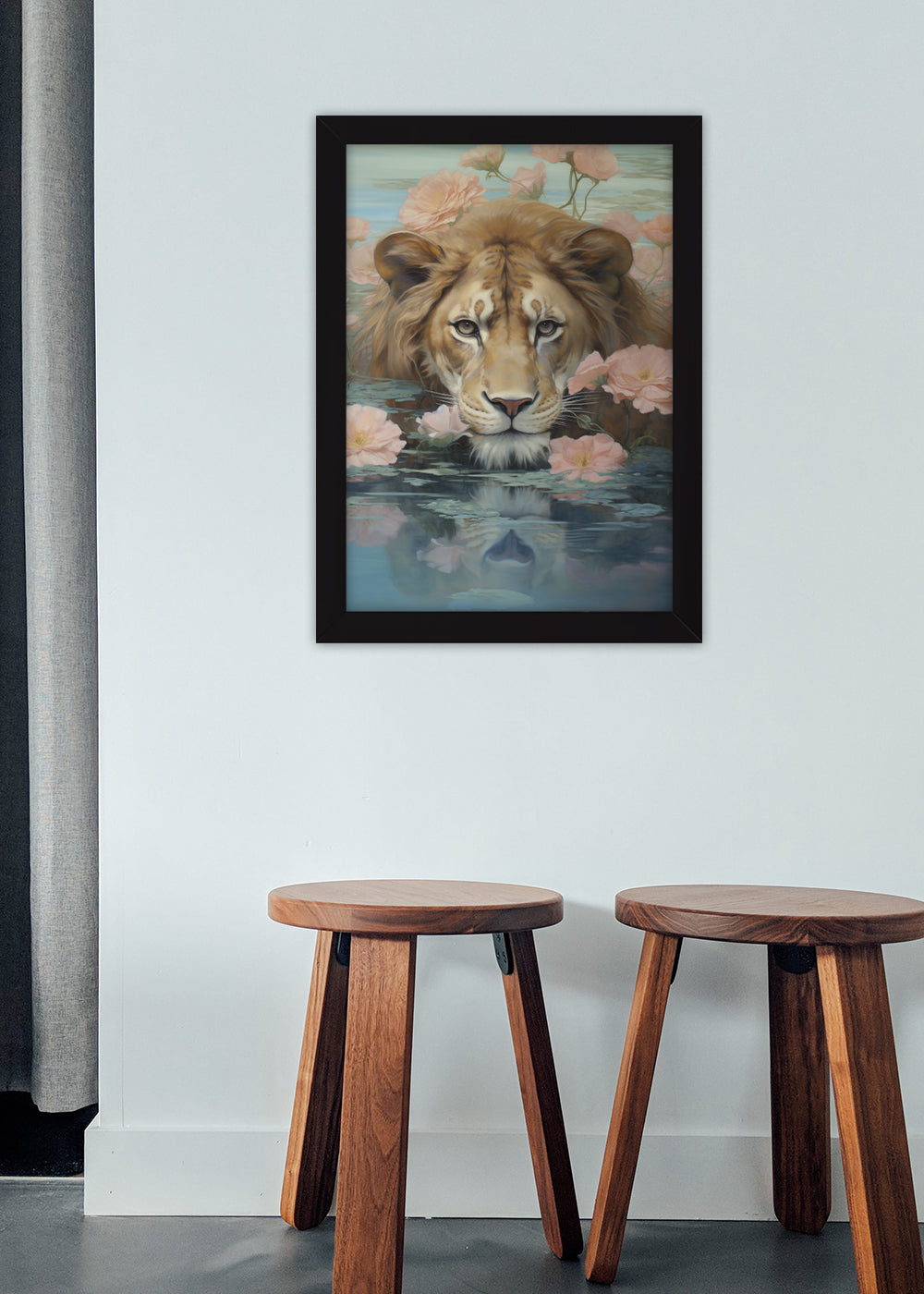Quadro Decorativo Leão no mar de rosas - Animais - Com vidro