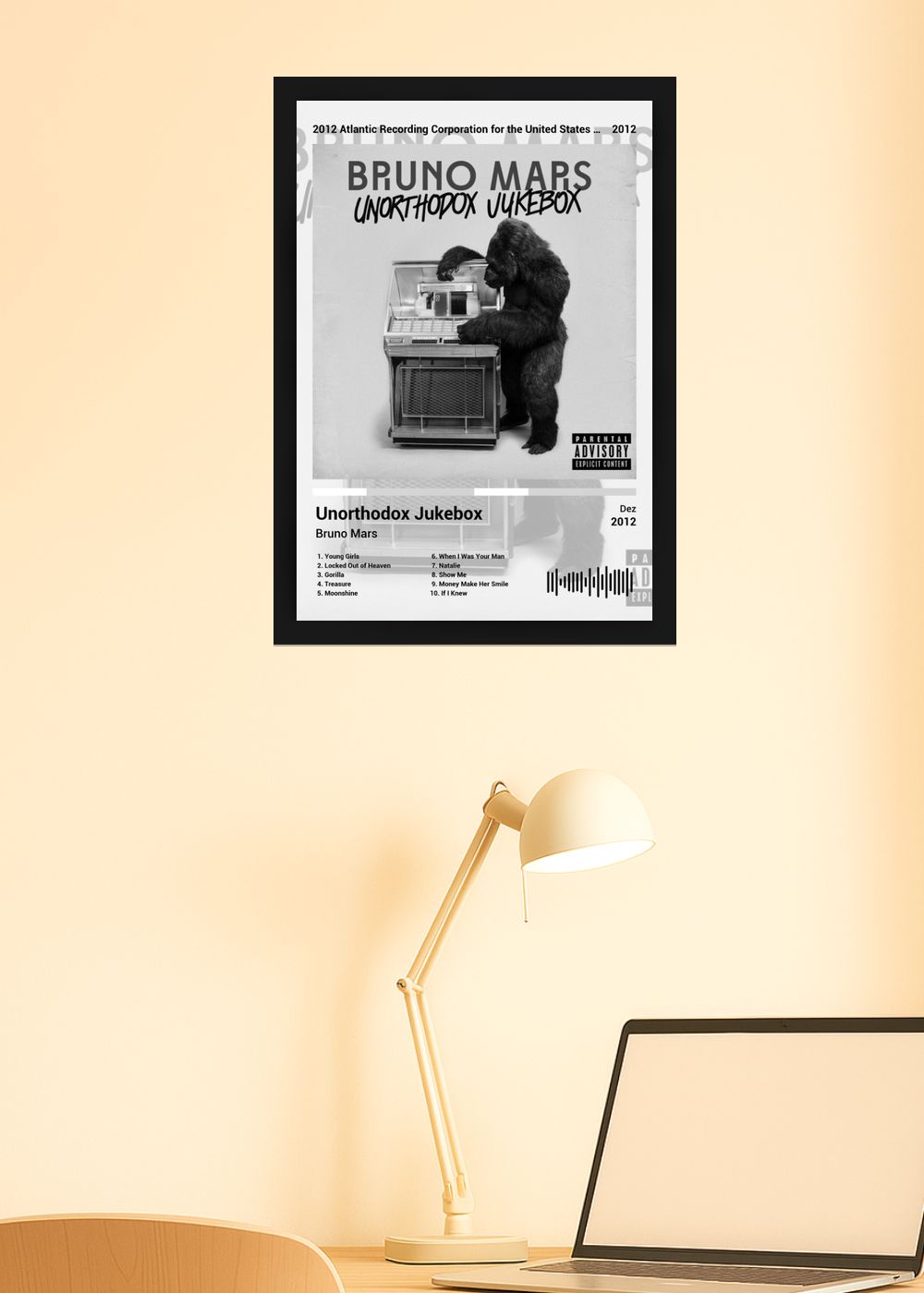 Quadro Bruno Mars Unorthodox Jukebox (Black&white) Com Vidro