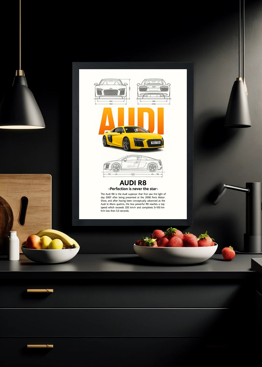 Quadro Decorativo Audi R8 Amarela - Com vidro