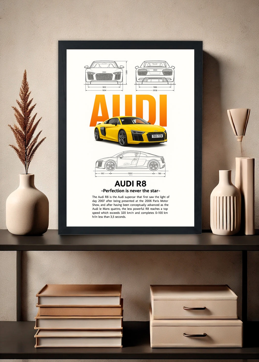 Quadro Decorativo Audi R8 Amarela - Com vidro