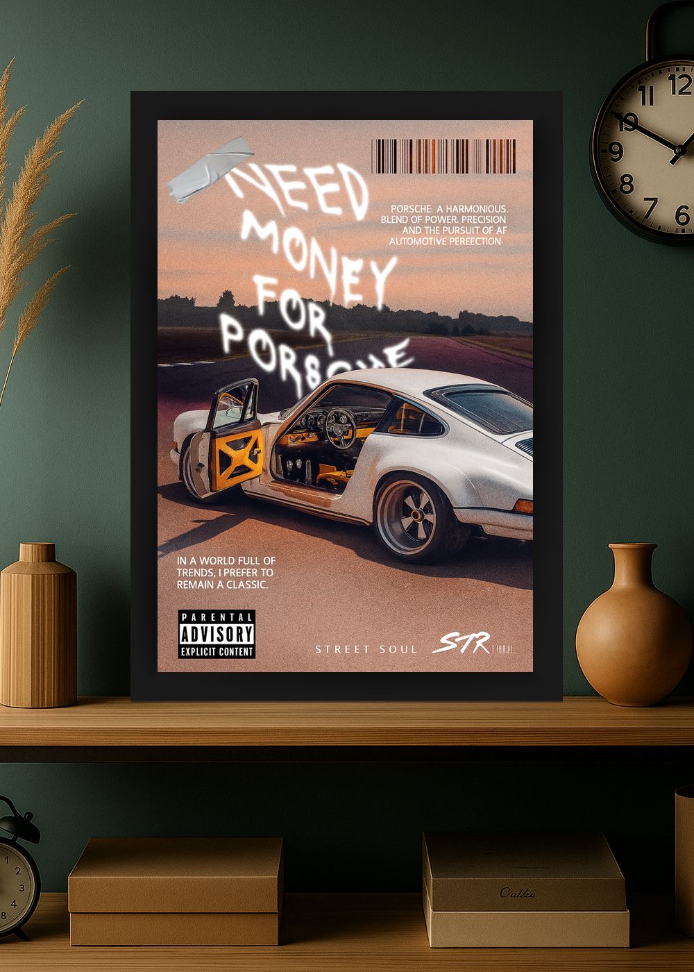 Quadro Decorativo Need Money for Porsche Street Com Vidro