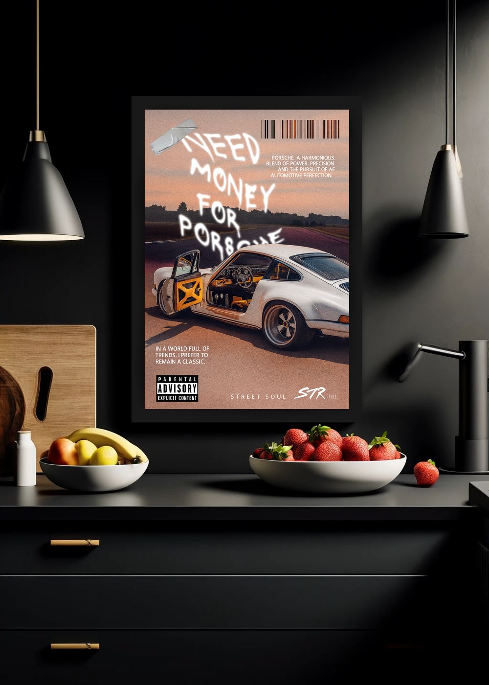 Quadro Decorativo Need Money for Porsche Street Com Vidro