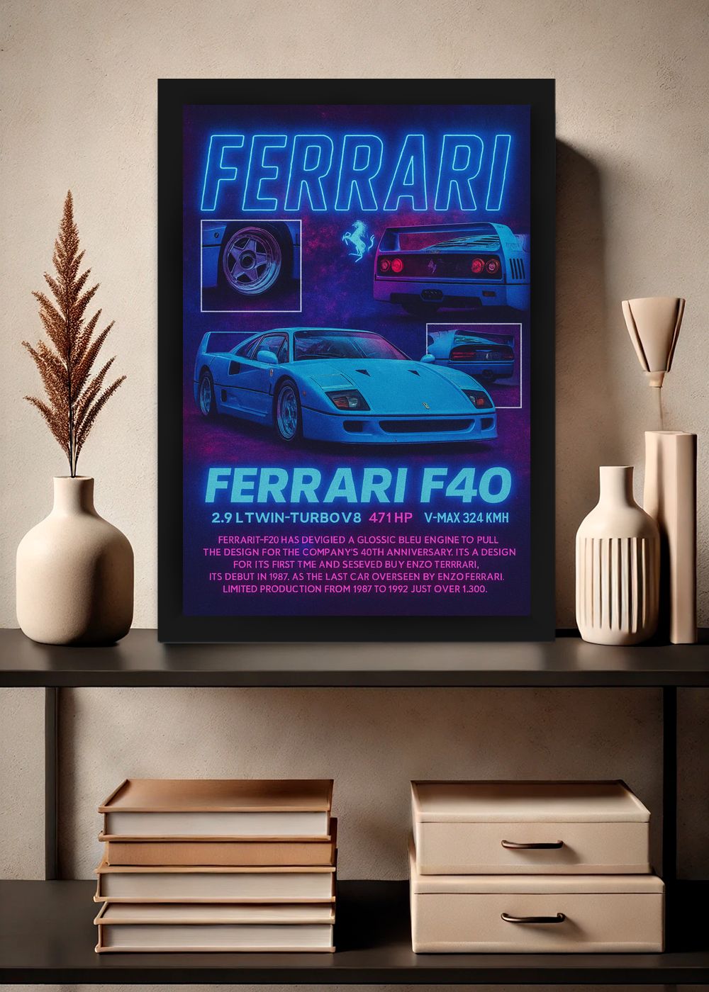 Quadro Com Vidro Ferrari F40 Neon com Moldura