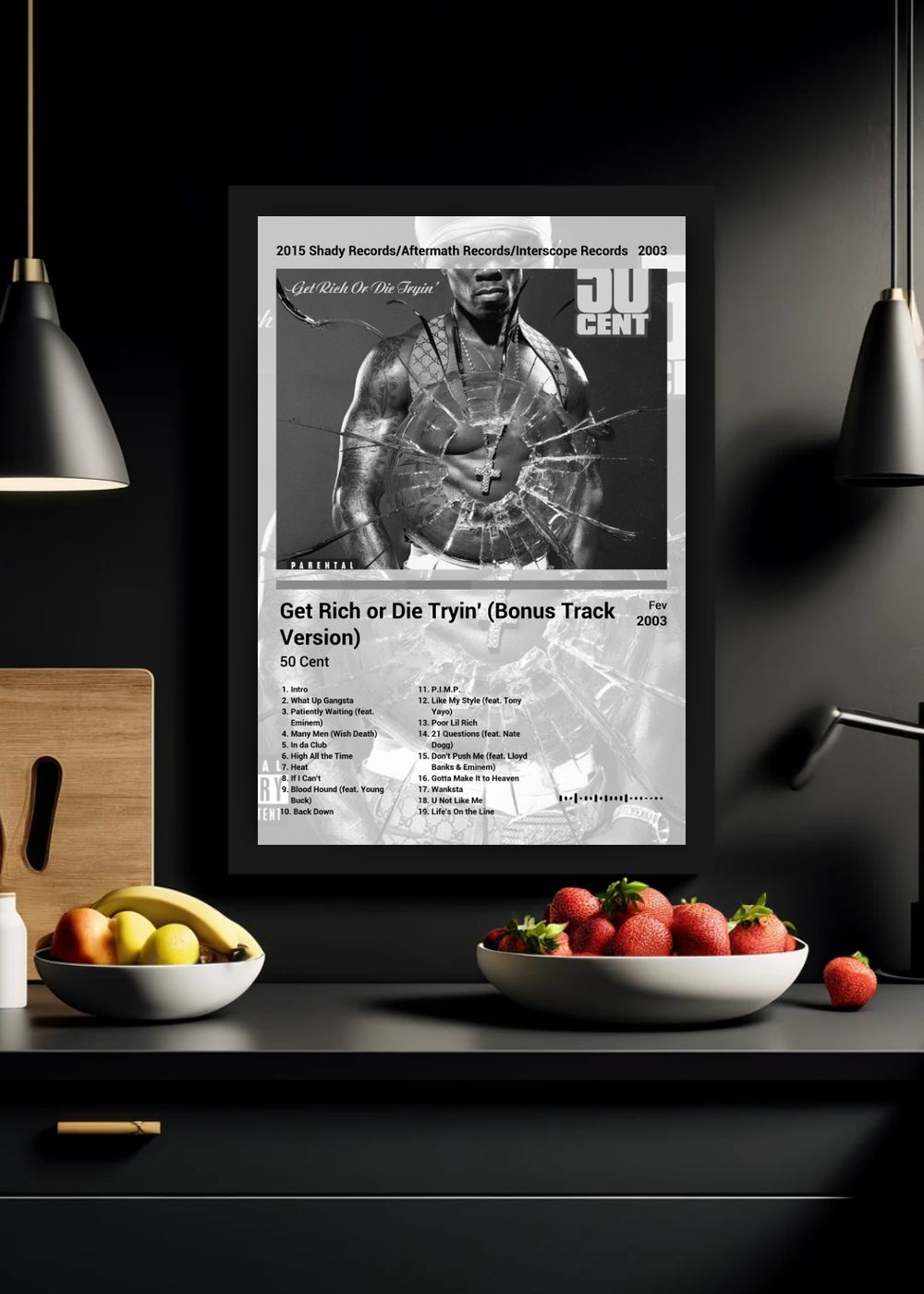 Quadro 50 Cent Get Rich or Die Tryin (Black&white) Com Vidro