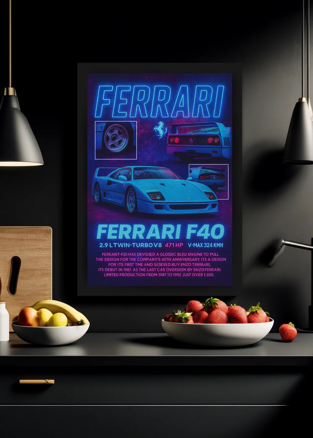 Quadro Com Vidro Ferrari F40 Neon com Moldura
