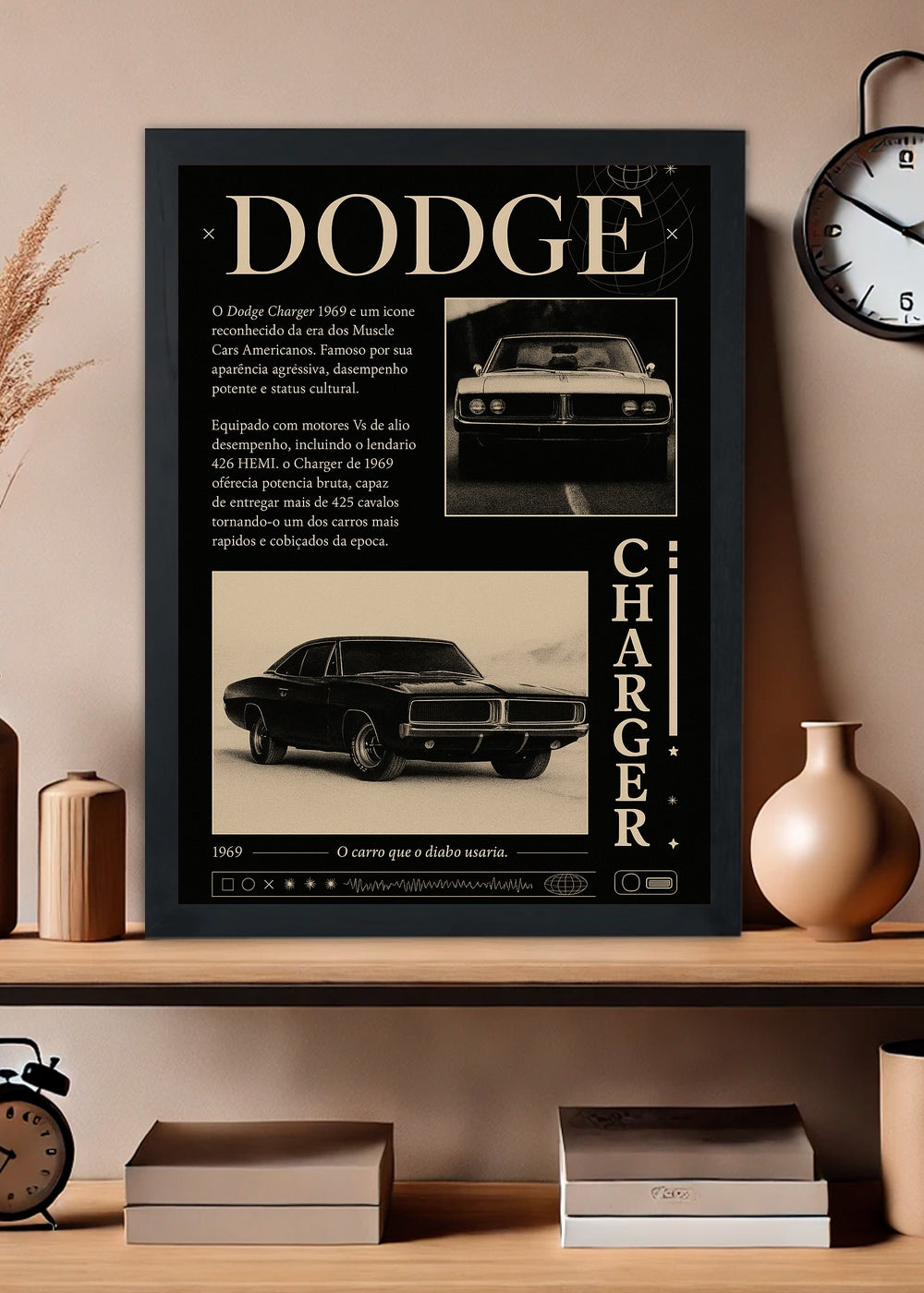 Quadro decorativo Dodge Charger 1969 Clássico – Com vidro