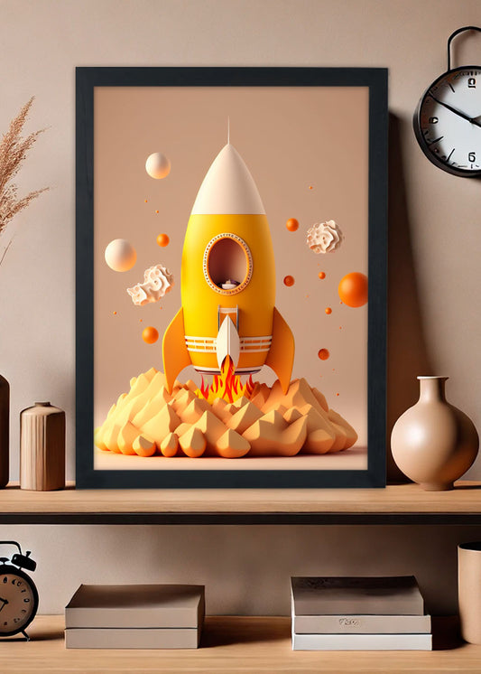 Quadro Decorativo Foguete amarelo - Com vidro