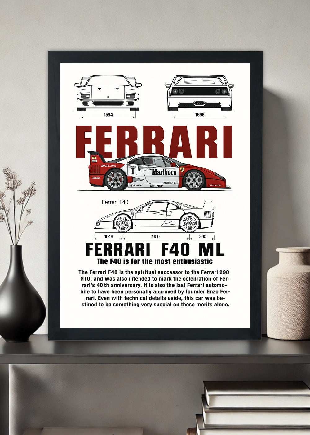Quadro Decorativo Ferrari F40 ML - Com vidro