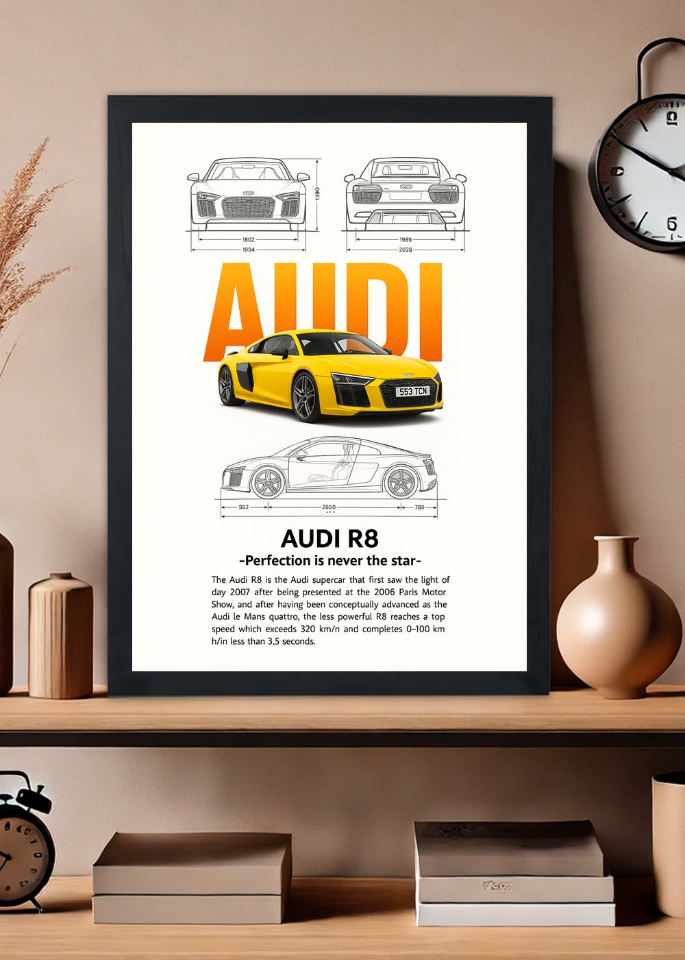 Quadro Decorativo Audi R8 Amarela - Com vidro