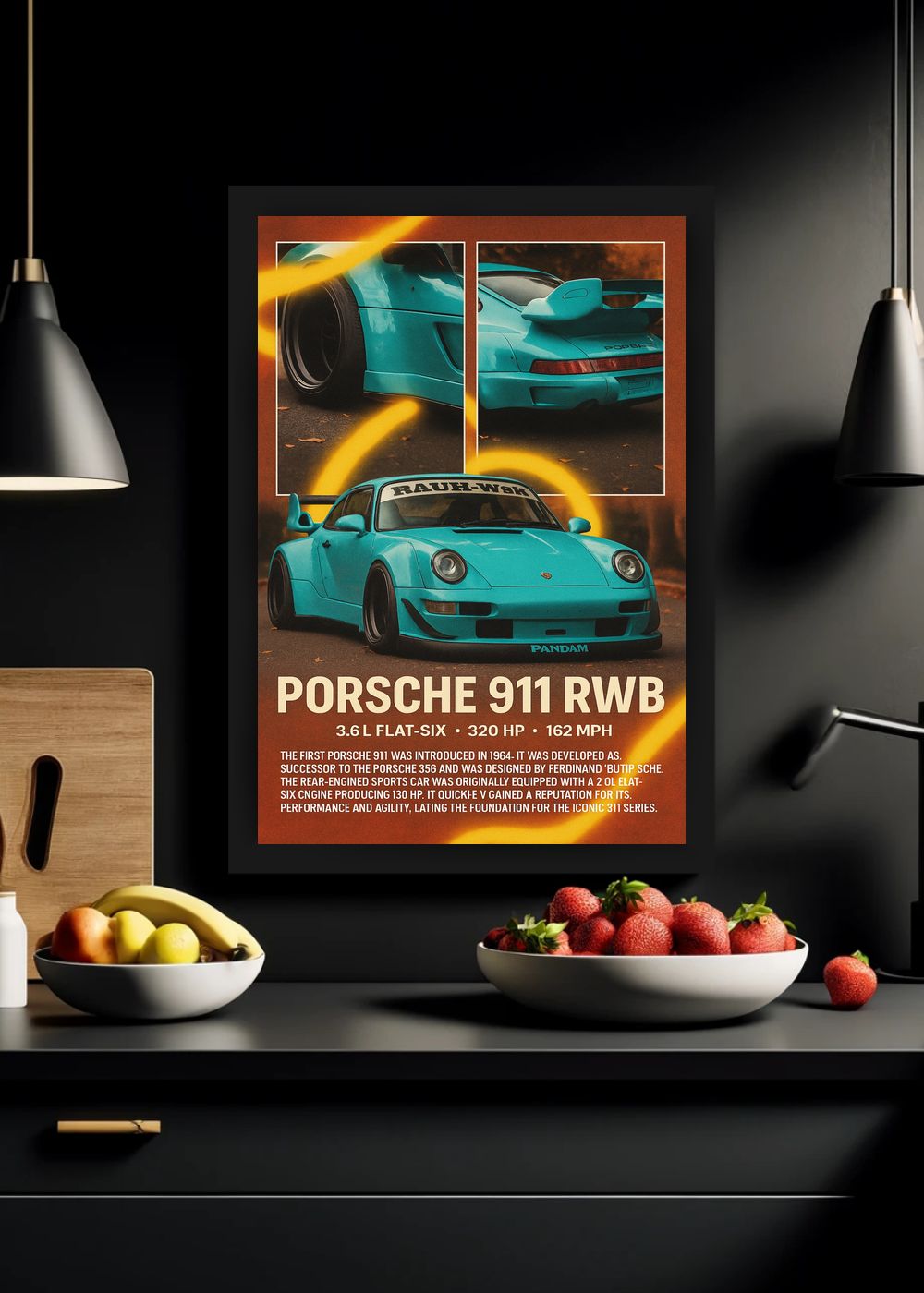 Quadro Com Vidro Porsche 911 RWB com Moldura