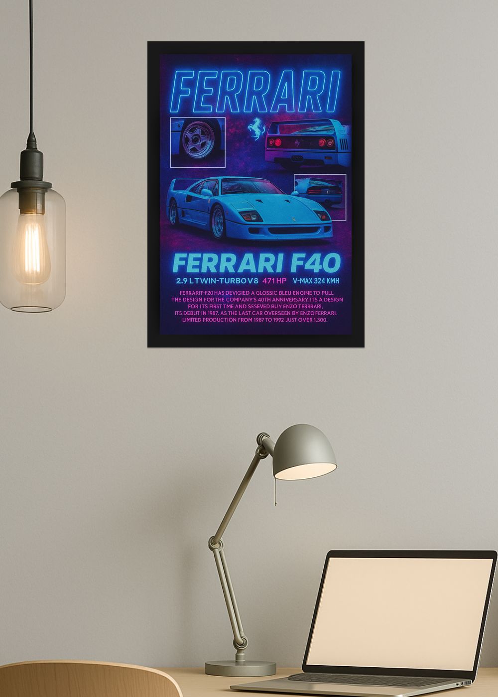 Quadro Com Vidro Ferrari F40 Neon com Moldura