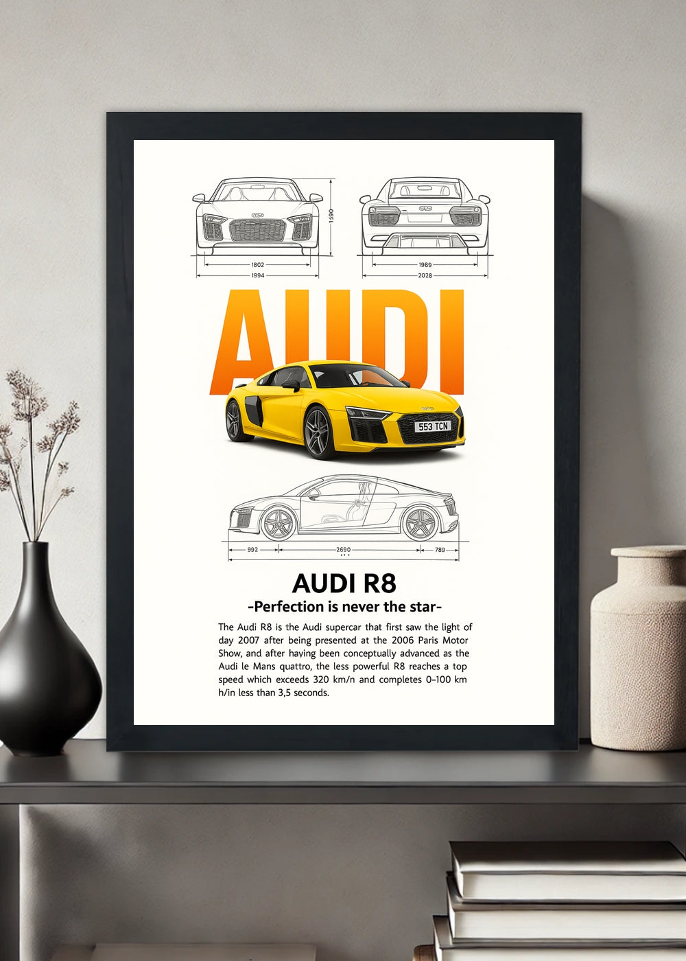 Quadro Decorativo Audi R8 Amarela - Com vidro