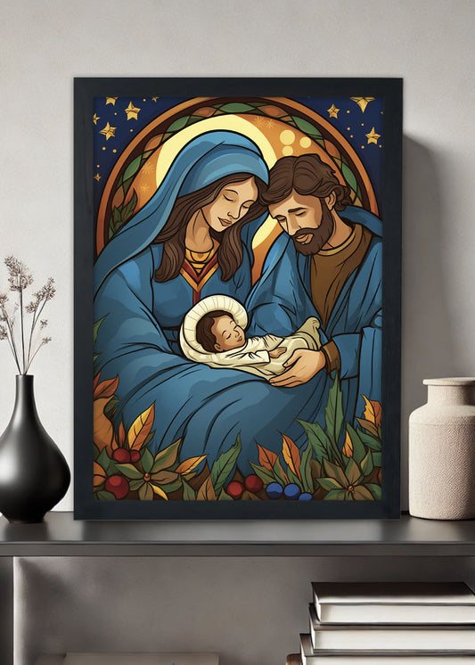 Quadro São José, Virgem Maria e Jesus - Católica - Com vidro