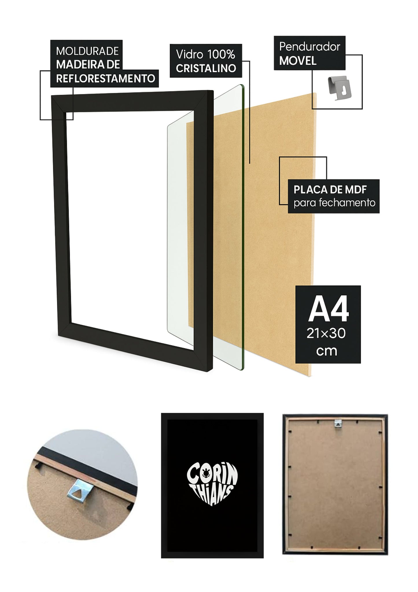 Quadro Com Vidro Corinthians do meu Coração com Moldura